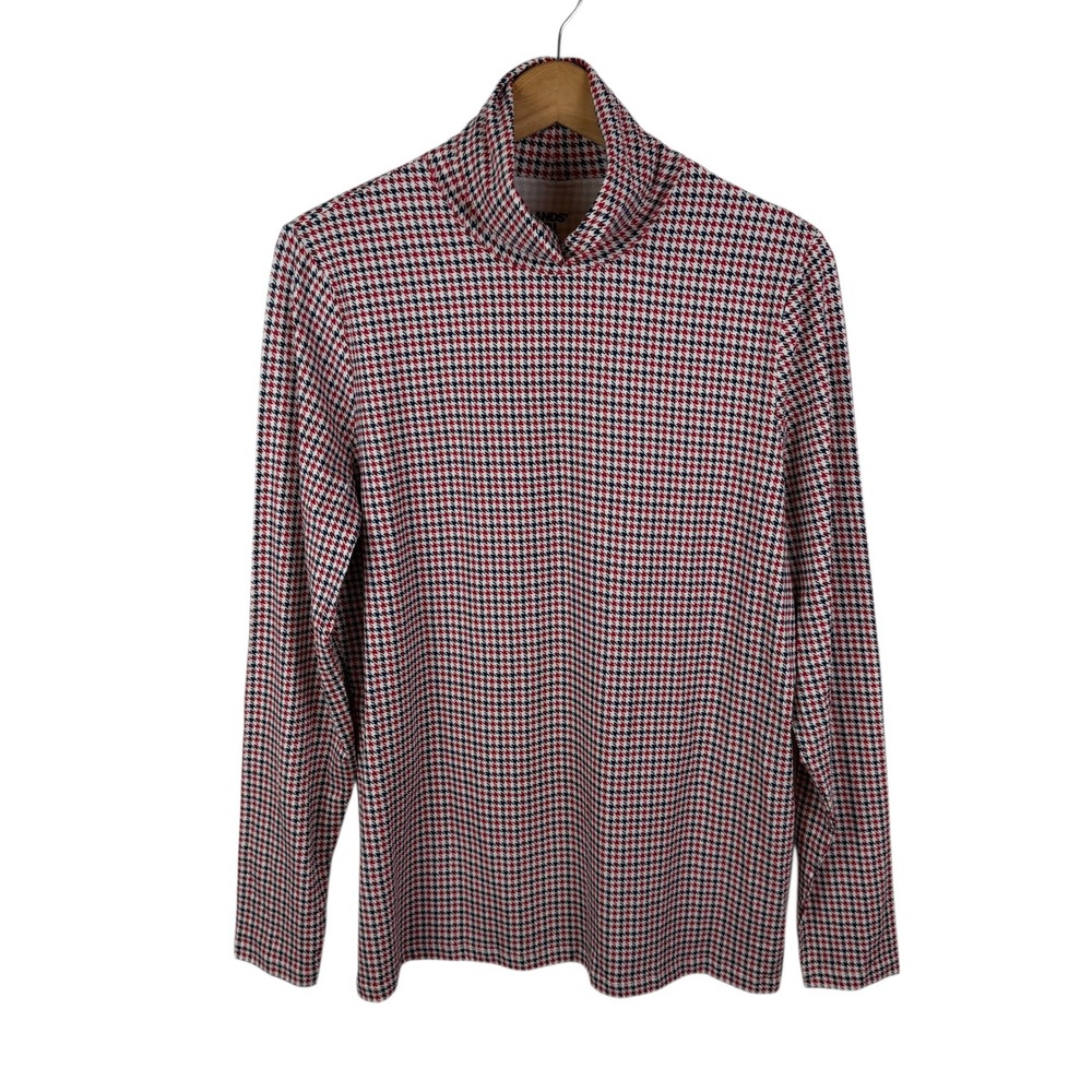 Lands End Houndstooth Turtleneck Top XL Red Blue Preppy Academia Stretch Comfy